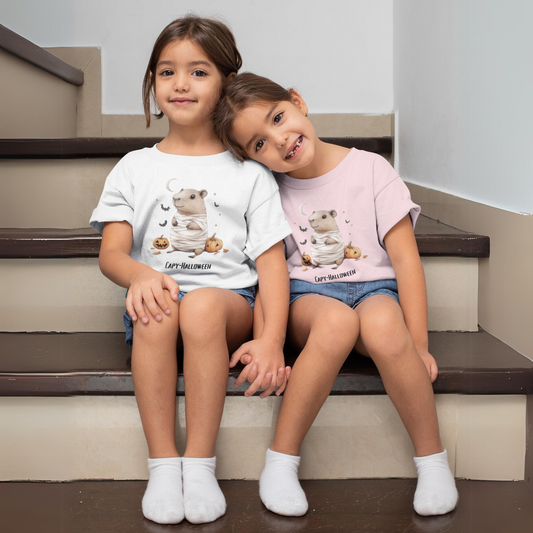 Funny Halloween Capybara T-Shirt, featuring capybara and pumpkin design. For casual wear or costume parties. Available for both adults and kids. Matching outfit for family. Made using 100% US cotton, super comfy, unisex cut design