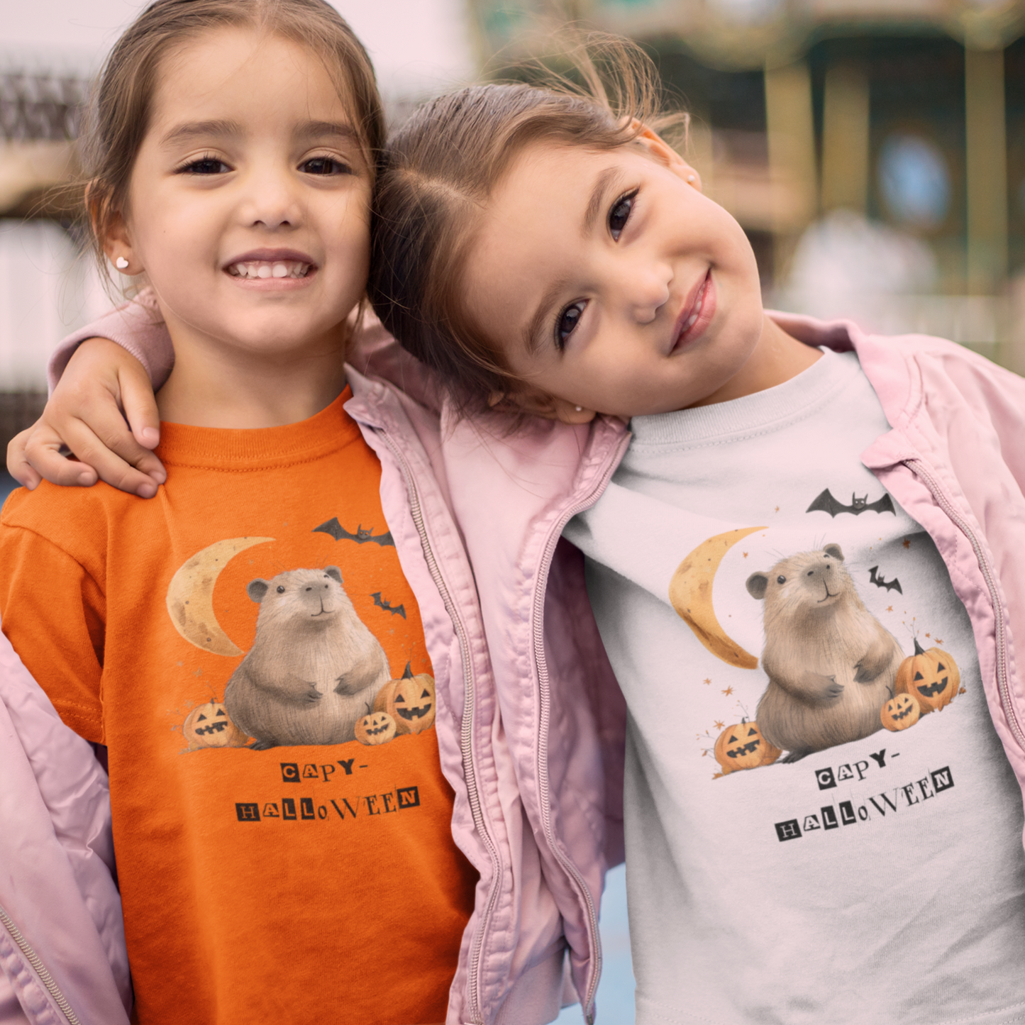 Funny Halloween Capybara T-Shirt, featuring capybara and pumpkin design. For casual wear or costume parties. Available for both adults and kids. Matching outfit for family. Made using 100% US cotton, super comfy, unisex cut design