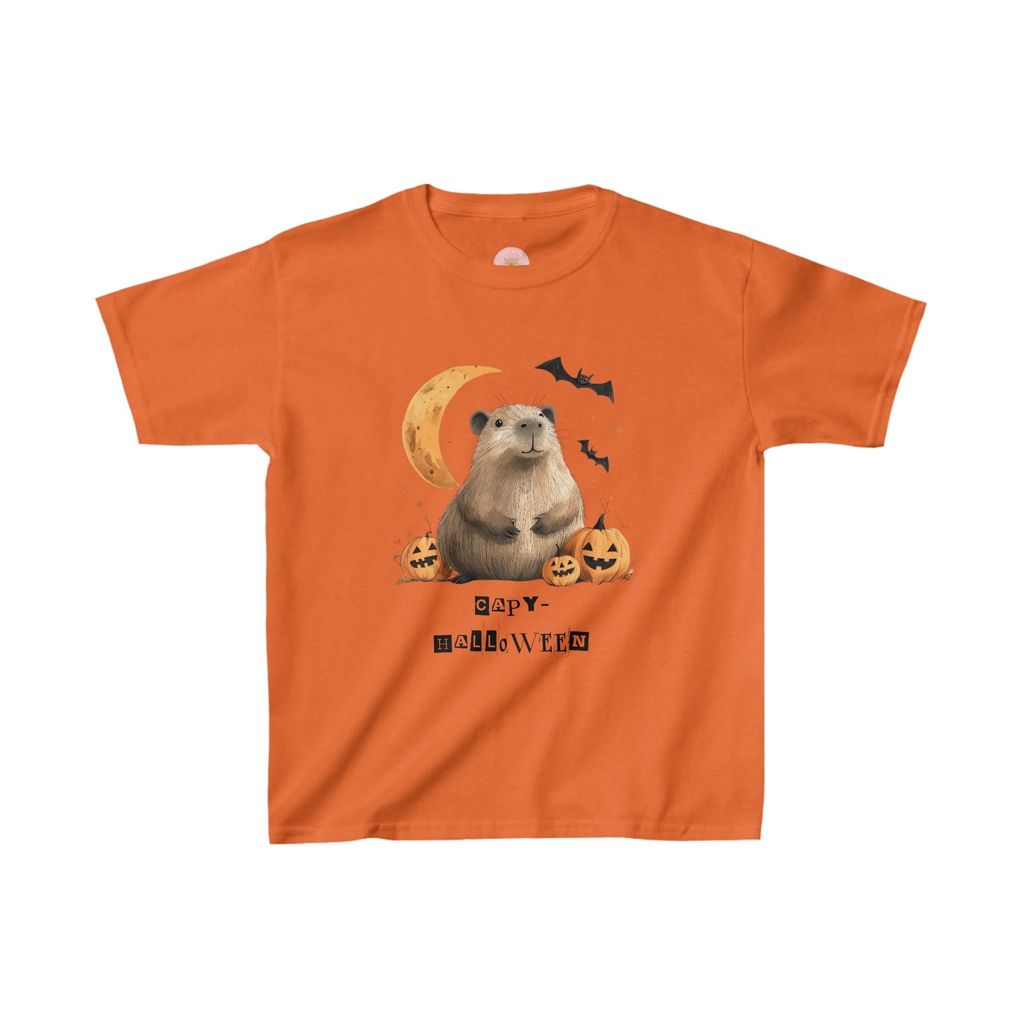 Funny Halloween Capybara T-Shirt, featuring capybara and pumpkin design. For casual wear or costume parties. Available for both adults and kids. Matching outfit for family. Made using 100% US cotton, super comfy, unisex cut design