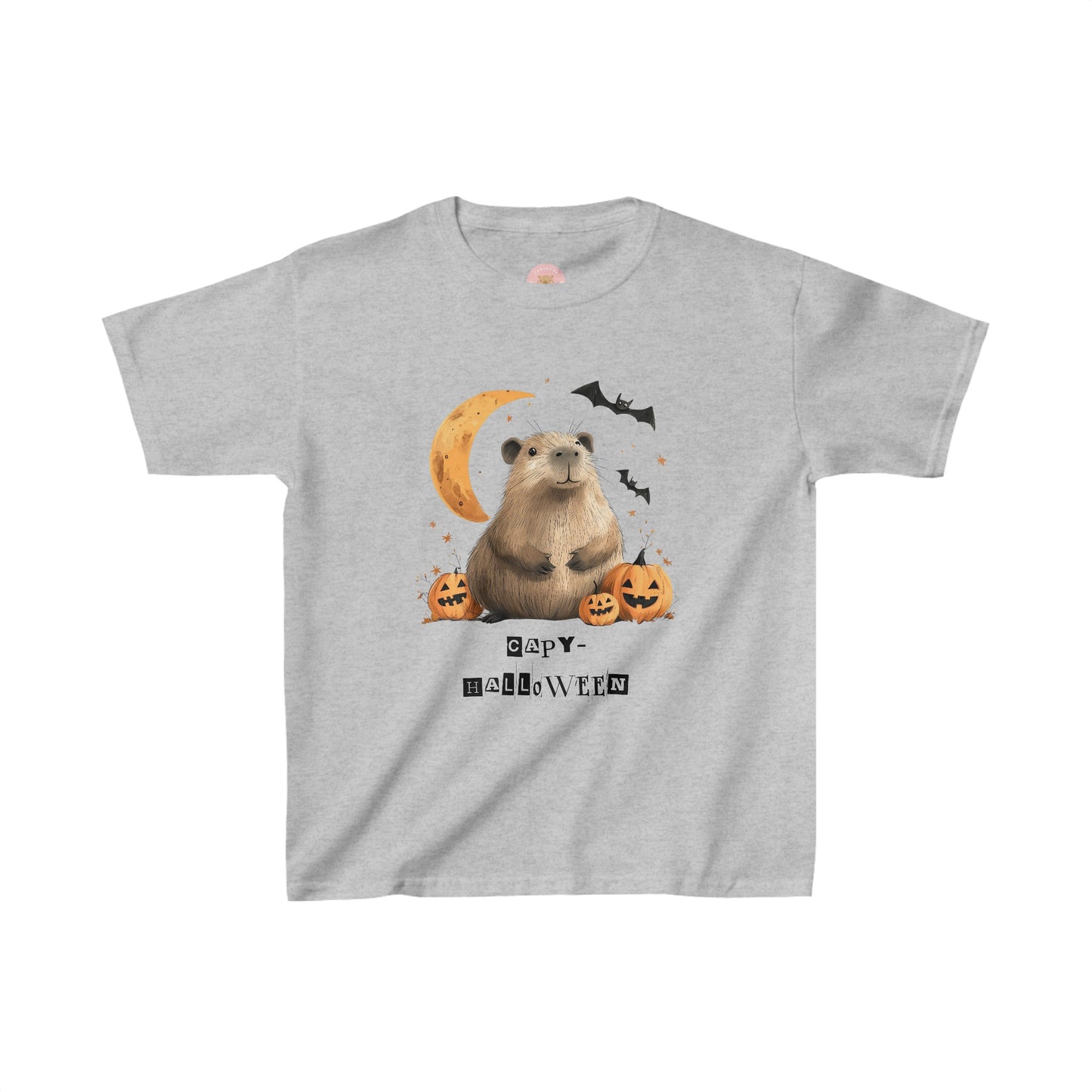 Funny Halloween Capybara T-Shirt, featuring capybara and pumpkin design. For casual wear or costume parties. Available for both adults and kids. Matching outfit for family. Made using 100% US cotton, super comfy, unisex cut design