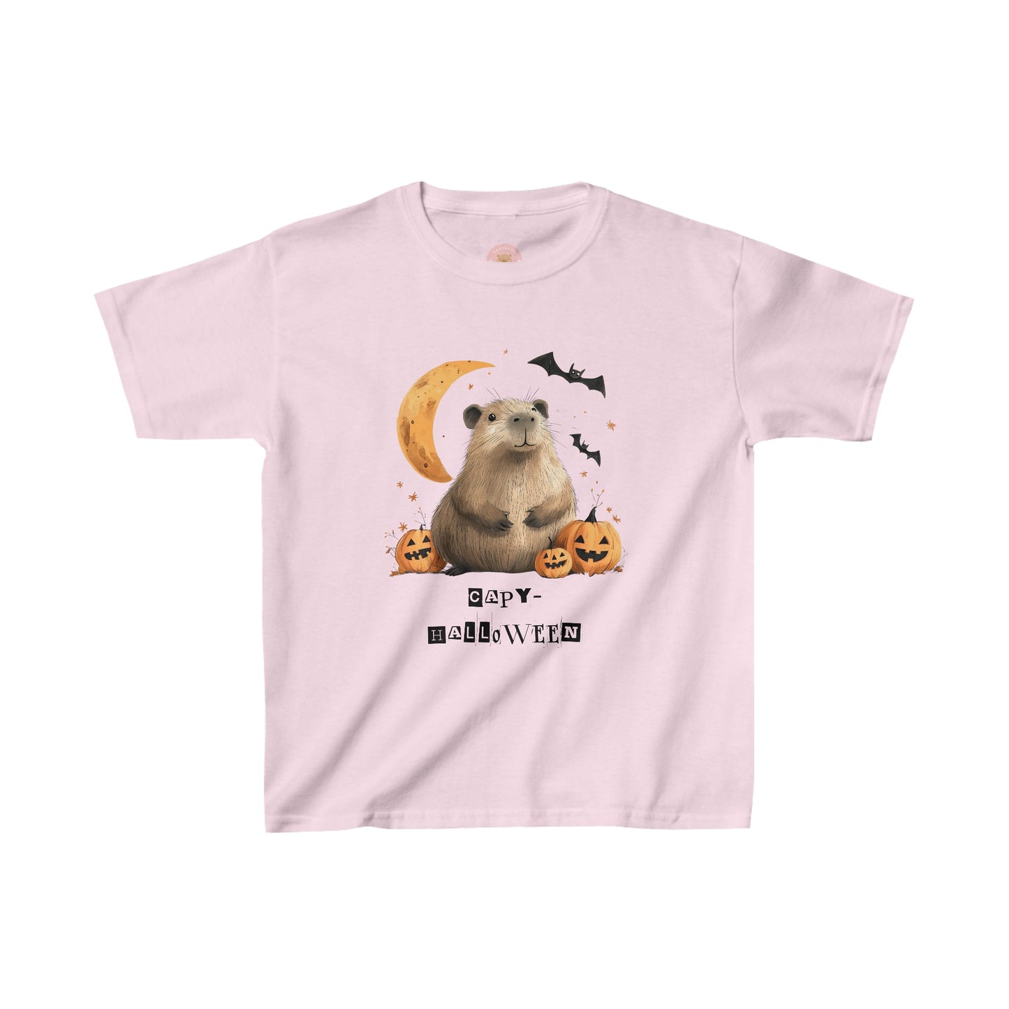 Funny Halloween Capybara T-Shirt, featuring capybara and pumpkin design. For casual wear or costume parties. Available for both adults and kids. Matching outfit for family. Made using 100% US cotton, super comfy, unisex cut design