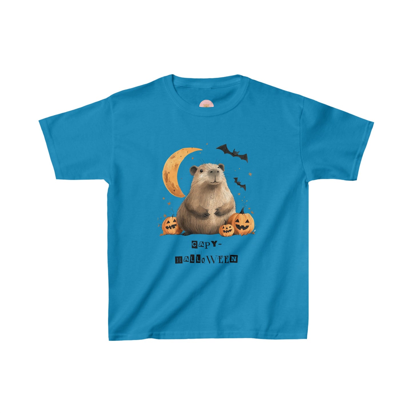 Funny Halloween Capybara T-Shirt, featuring capybara and pumpkin design. For casual wear or costume parties. Available for both adults and kids. Matching outfit for family. Made using 100% US cotton, super comfy, unisex cut design